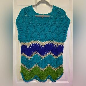 Fever Hand Crochet Women’s Loose Knit Size XL Sleeveless Top Blue Green